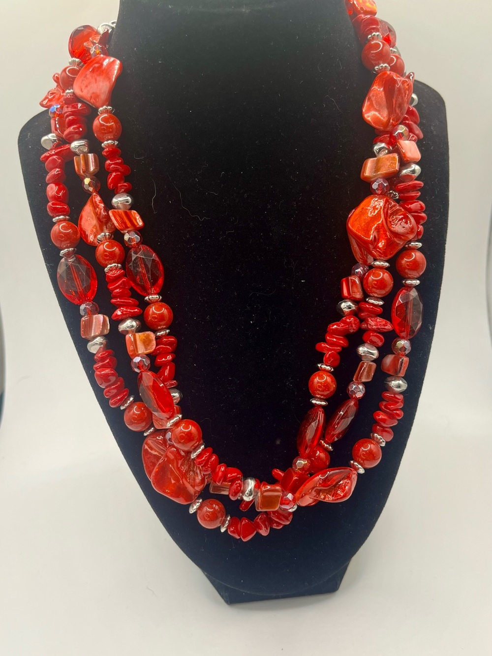 Red Multi-Strand Beaded Necklace and Earrings Set